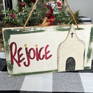 Wood painted Christmas sign ‘rejoice’